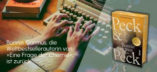 Frau schreibt auf einer Schreibmaschine. Link zum Buch Peck&Peck.